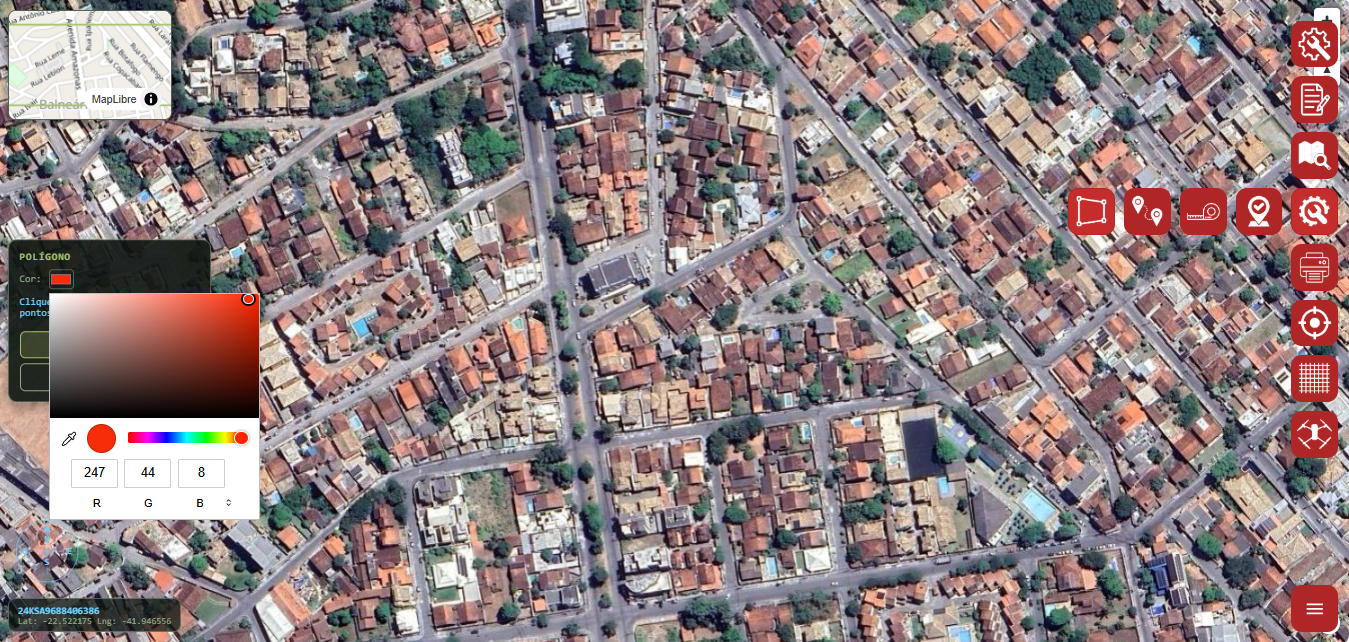 Mapa tático com ferramenta Polígono ativa e seletor de cor aberto para escolher a cor da demarcação.